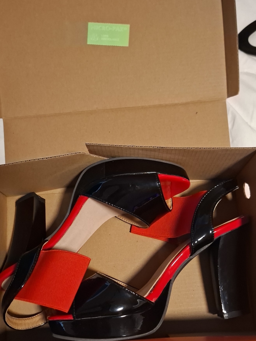 Black Patent Platform Sandals with Red Accent and Elastic Strap